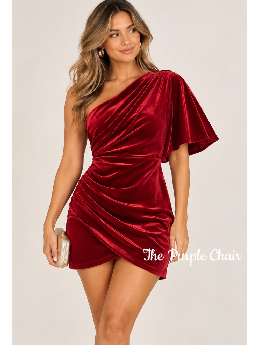 DO + BE NWT Gwen Cherry Velvet One Shoulder Ruched Mini Dress S